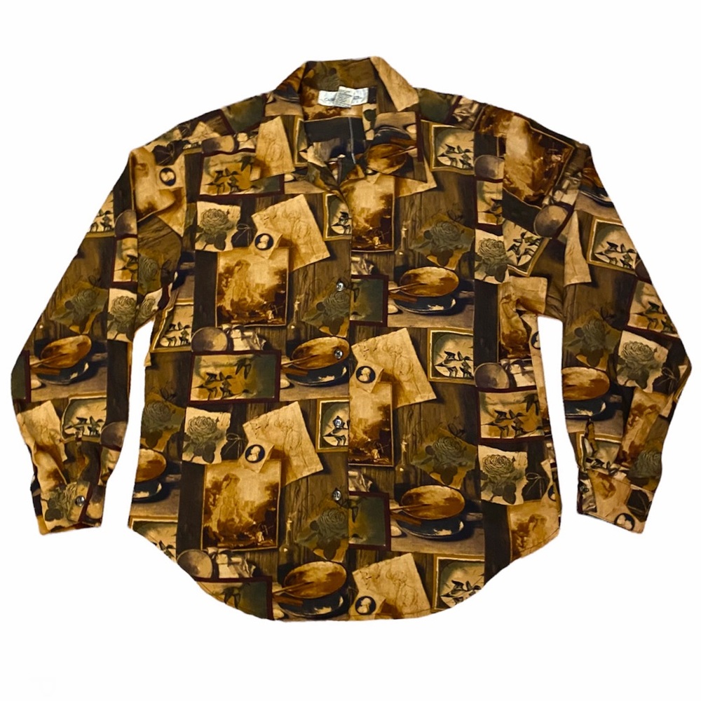 Vintage 90s Patchwork Collage Button Collared Shi… - image 1